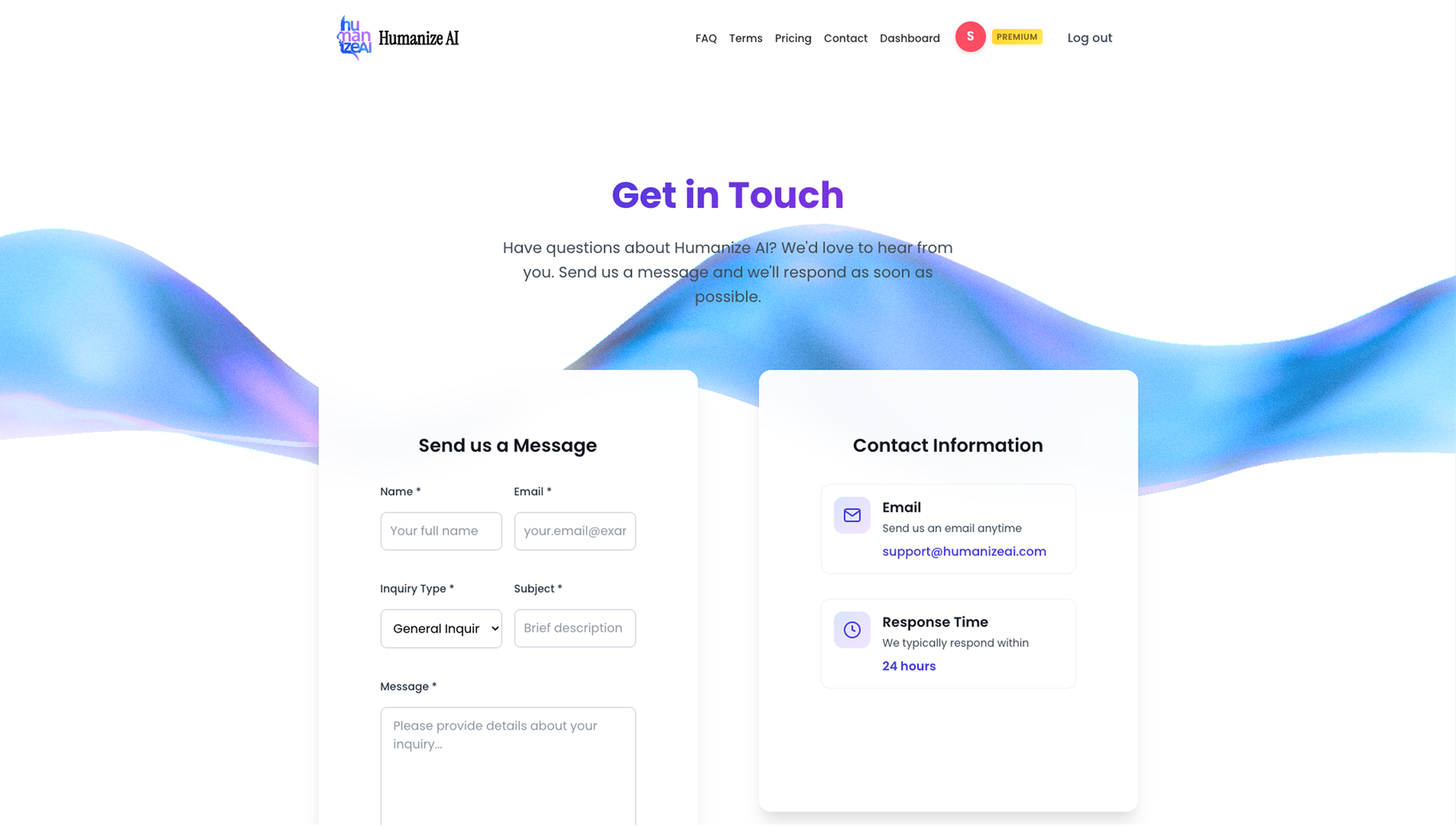 Contact page with support form and integration options.