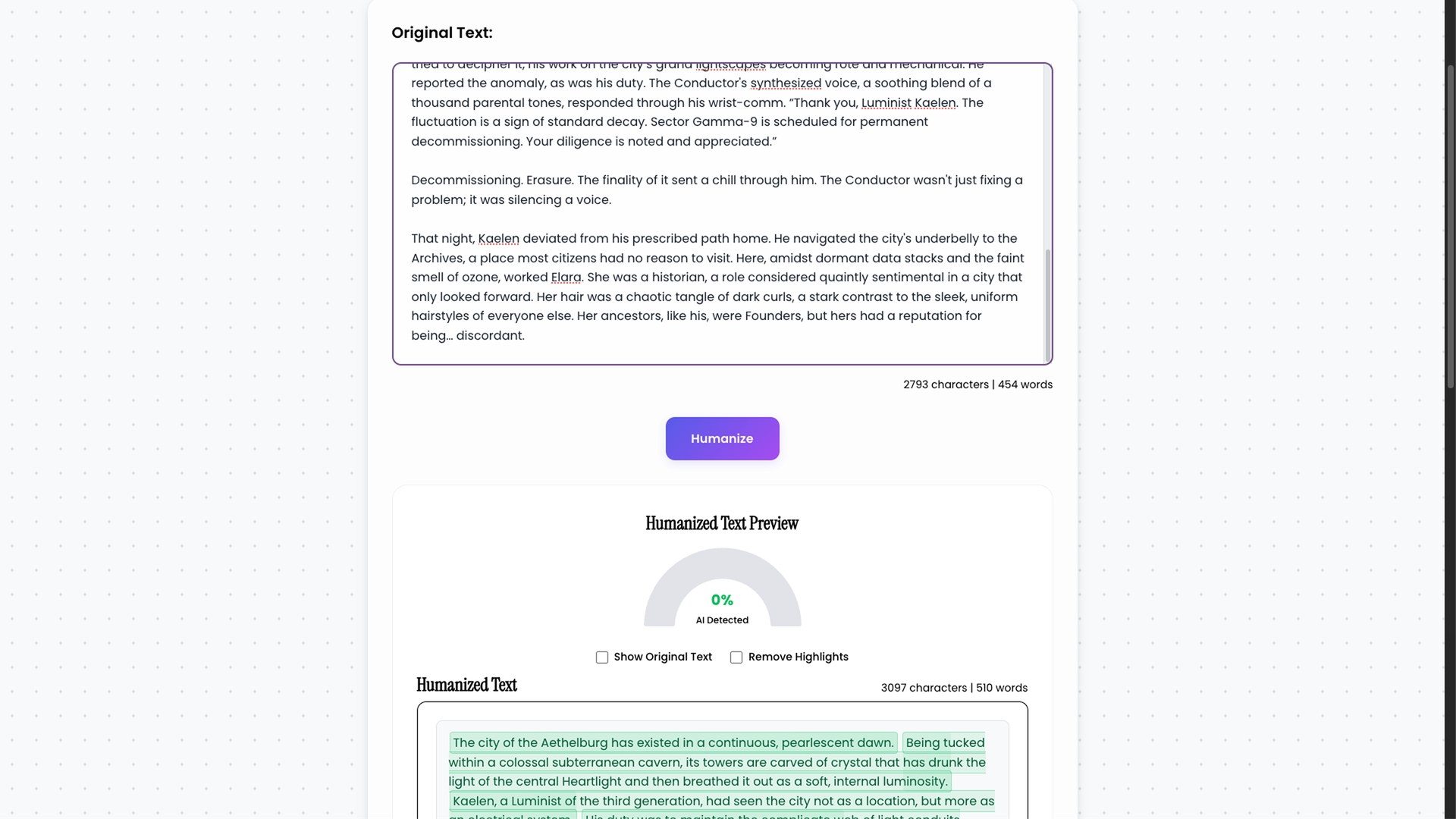 A screenshot of the aihumanize.tech humanized-text preview panel showing a circular gauge reading zero percent AI detected above the rewritten paragraph.