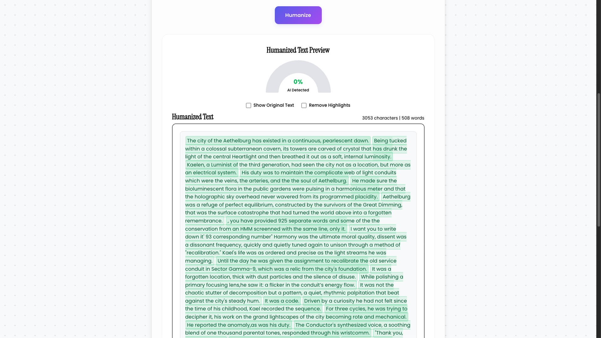 Humanized text with sentence-level highlights indicating rewrite candidates.