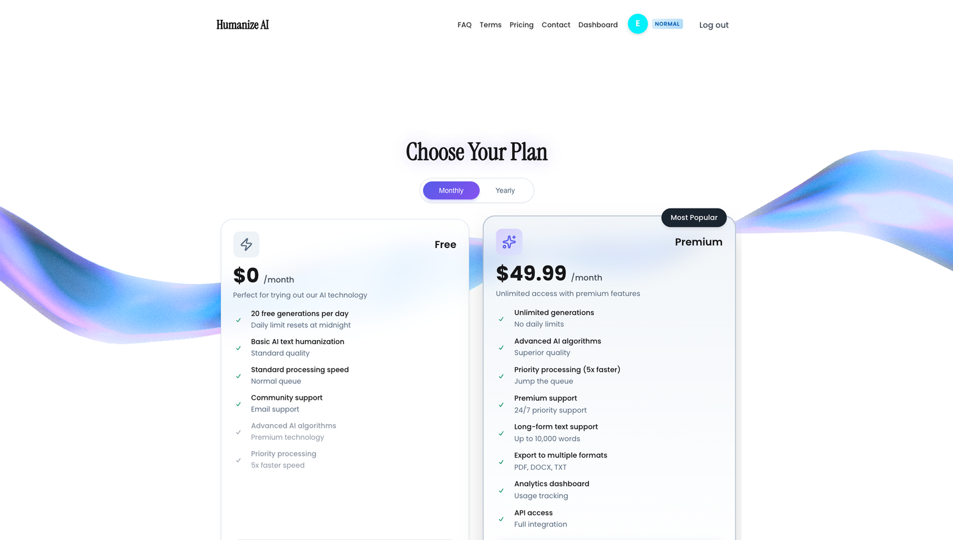 aihumanize.tech pricing — a free tier and a Premium tier at $49.99 per month, side by side.