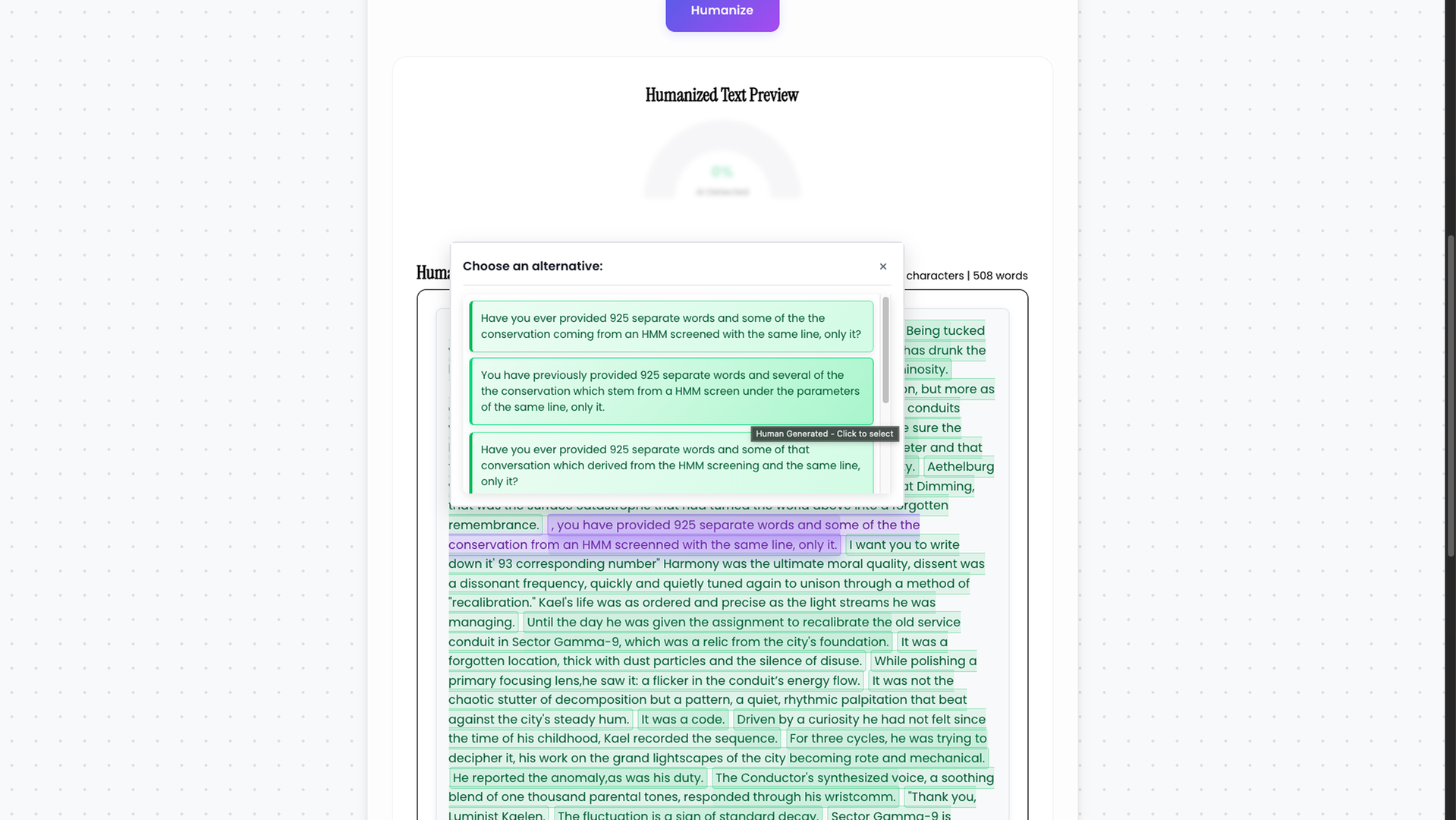The aihumanize.tech sentence-rewrite popup titled 'Choose an alternative,' presenting three rewrite candidates for a clicked sentence, rendered above the humanized paragraph.
