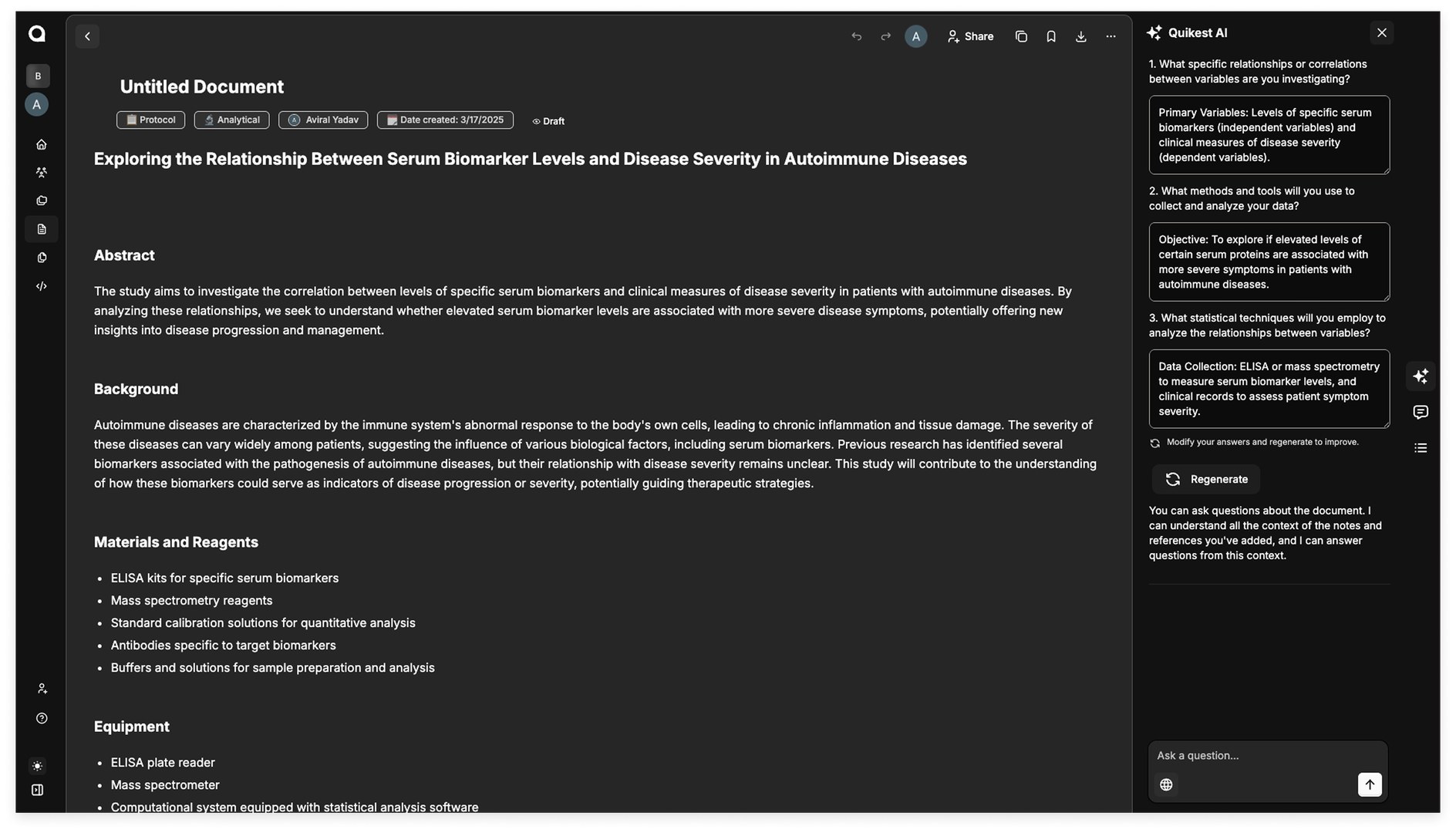 A Quikest persona document open in the editor with the Ask AI sidebar on the right — showing four AI-generated follow-up questions and a regenerate control.