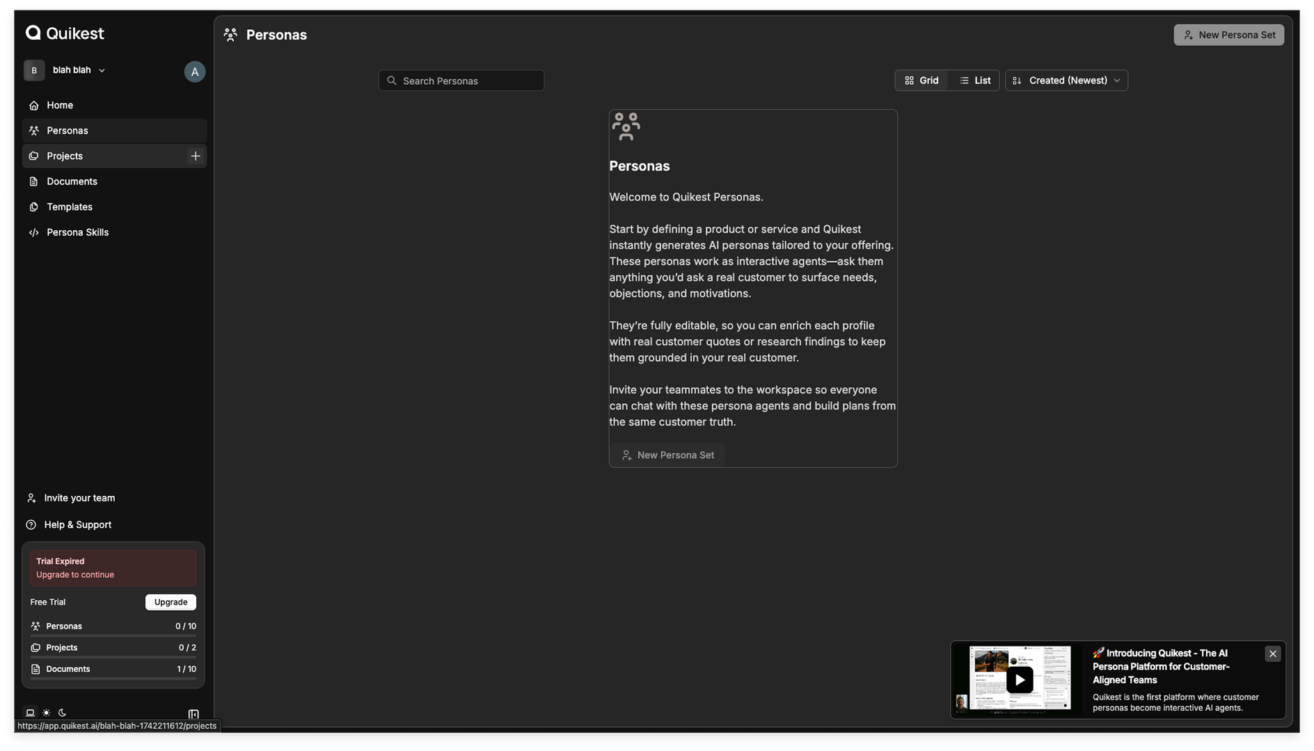 The Quikest.ai Personas dashboard, showing the workspace nav, personas welcome pane, and the trial and usage panels.