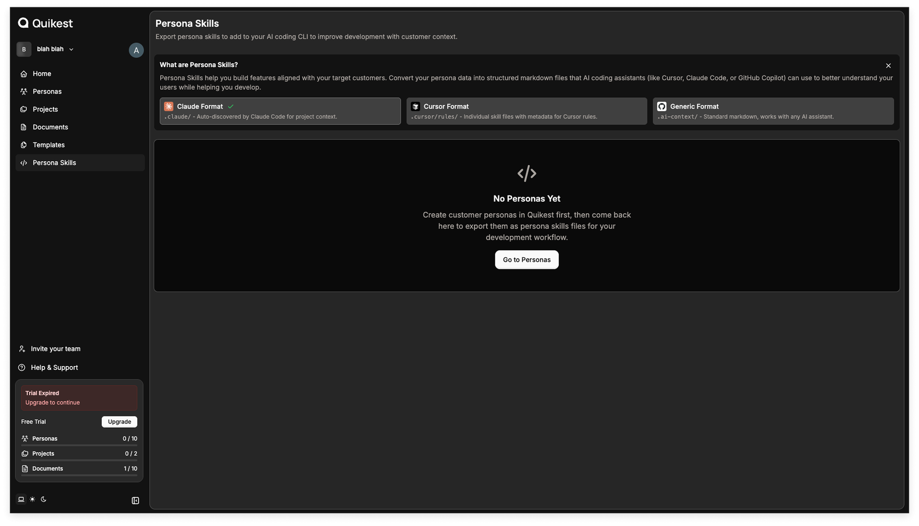 The Quikest Persona Skills export page — three format tabs (Claude, Cursor, Generic) for exporting a persona as agent context files.