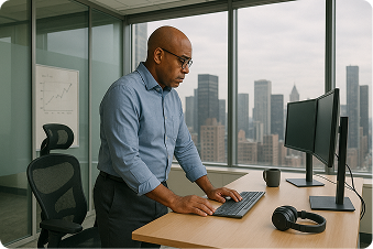 A persona portrait generated by Quikest — a product-operations leader at a corner-window workstation.