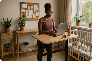 A Quikest-generated persona portrait — the working-parent archetype in a hybrid home office.