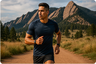 A Quikest-generated persona portrait — the athlete archetype on an outdoor training trail.