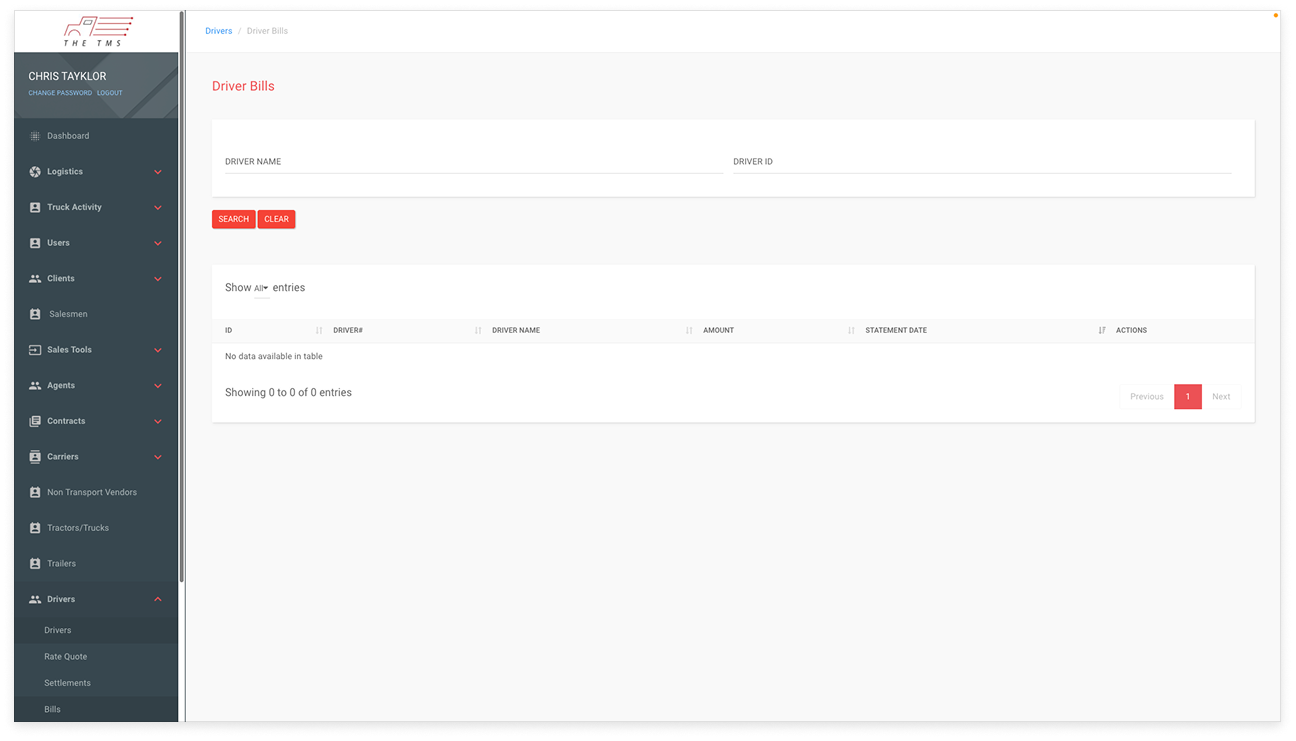 T-TMS driver-bills lookup surface &mdash; the search-and-table view a dispatcher opens after the voice AI has classified an inbound call and passed it forward.