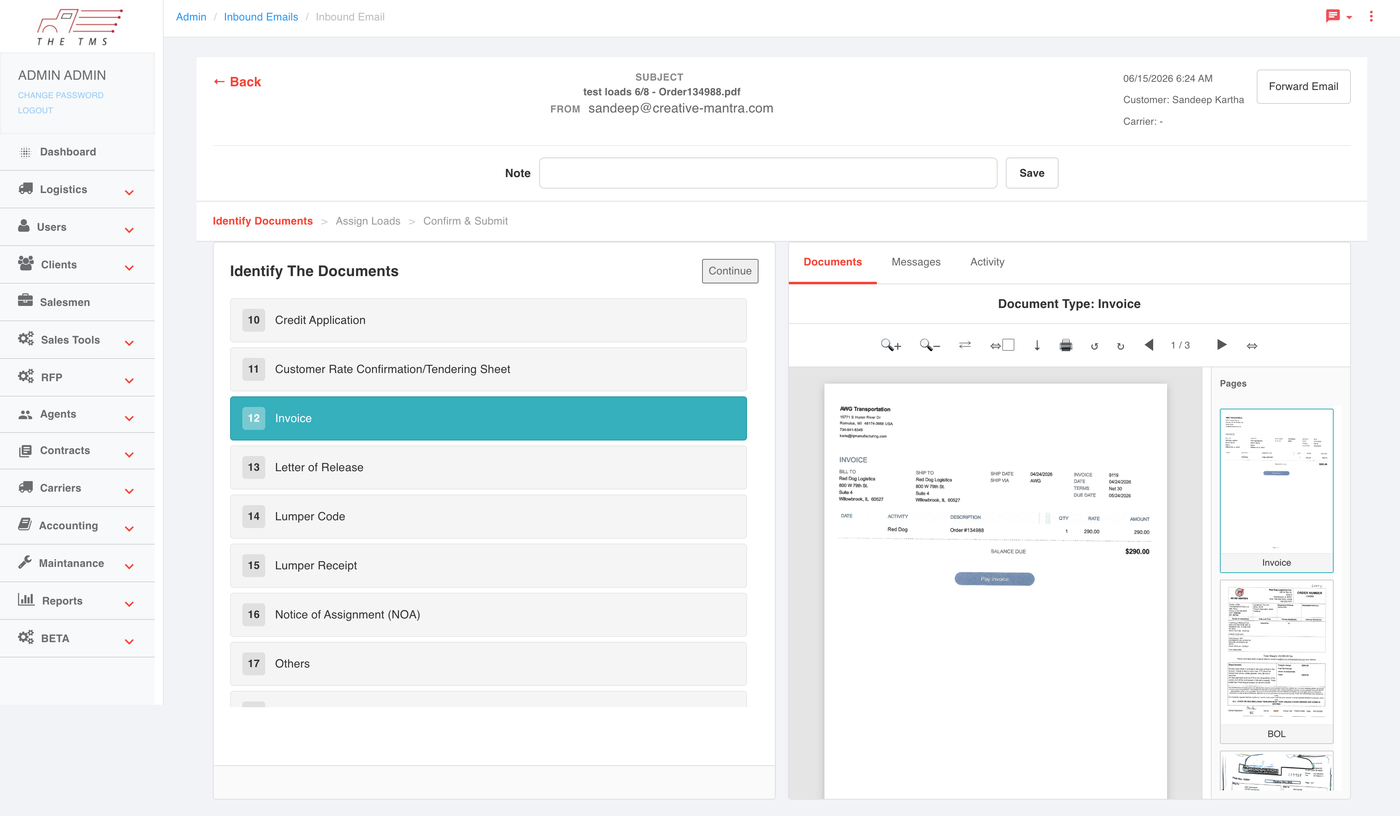 T-TMS Identify Documents wizard step &mdash; the pipeline classifies each PDF page as Invoice, Bill of Lading, Credit Application, Rate Confirmation, Letter of Release, Notice of Assignment, Lumper Code, or Lumper Receipt.