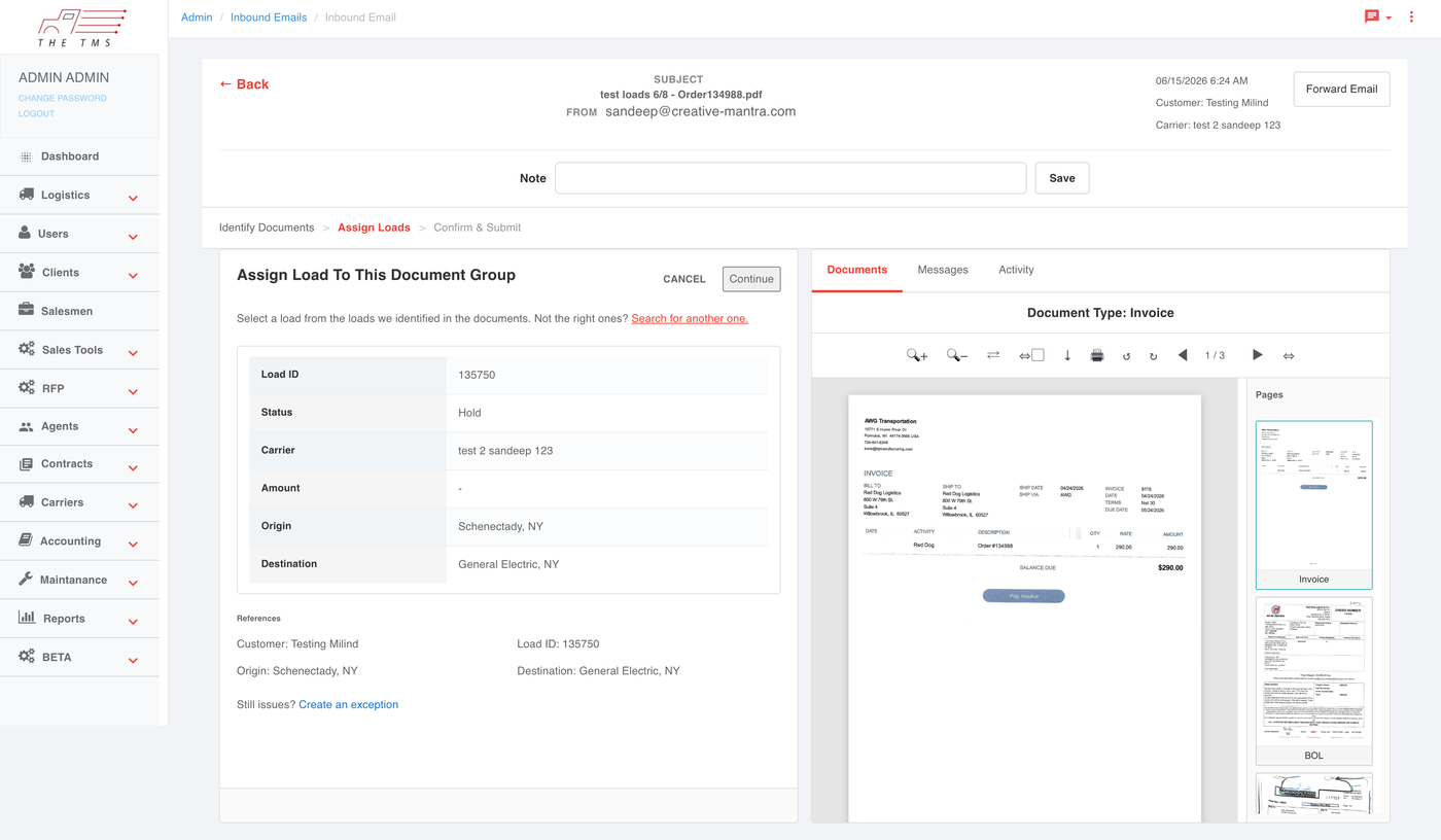 T-TMS Assign Loads wizard step &mdash; the AI has matched the document group to Load ID 135750 (Schenectady, NY to General Electric, NY) with carrier populated.