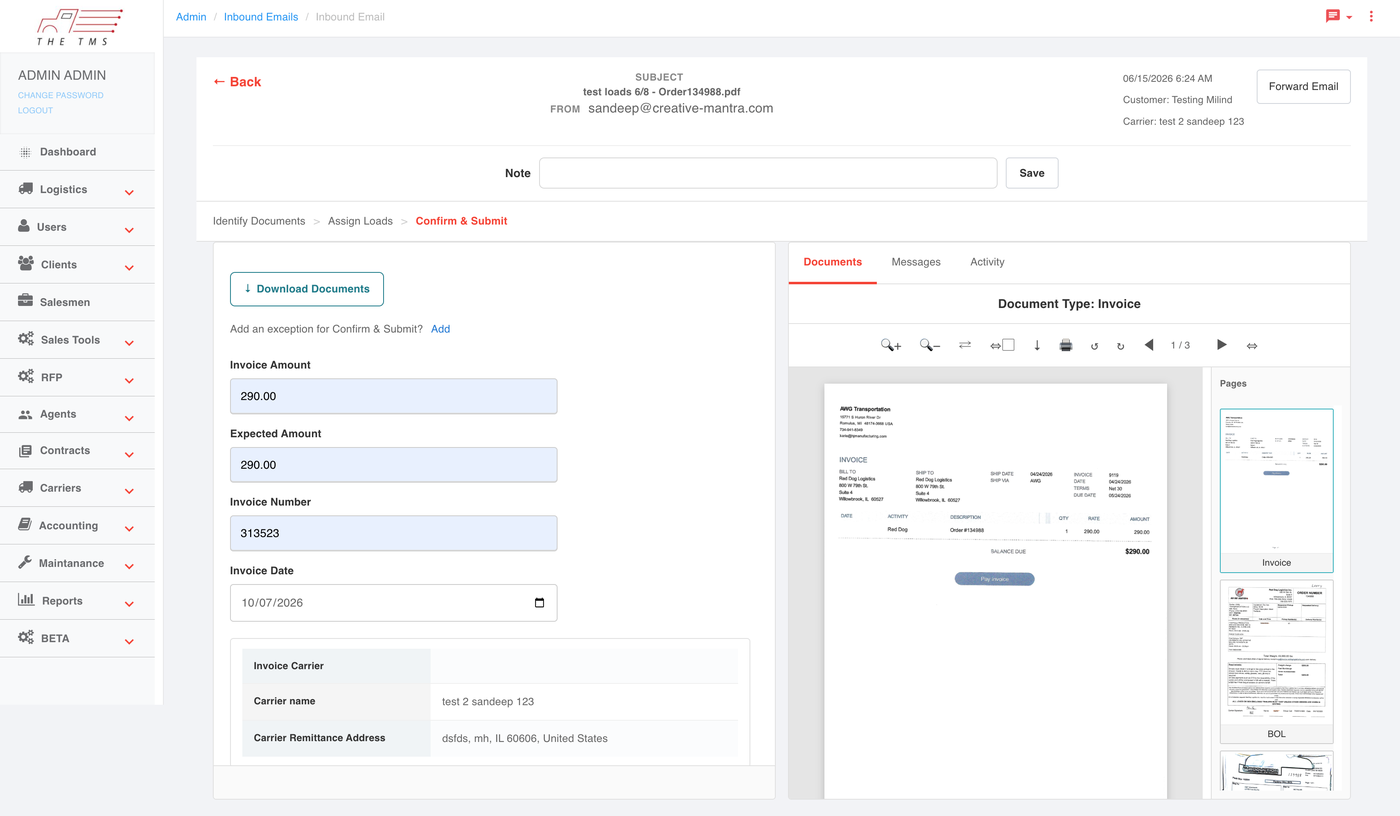 T-TMS Confirm and Submit wizard step &mdash; extracted invoice amount reconciled by the AI, invoice number and date populated automatically.