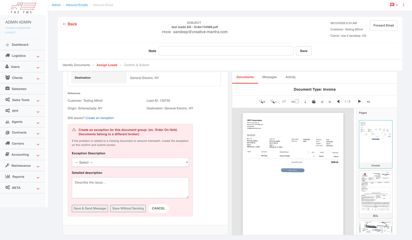 T-TMS exception panel &mdash; the red-outlined form a dispatcher fills when the AI&rsquo;s document match cannot be reconciled. The AI defers to a human on the exception path.