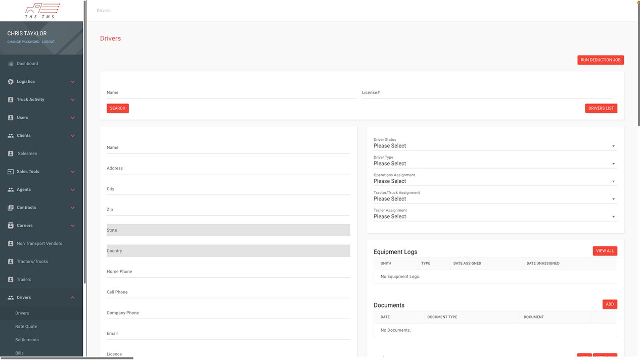 T-TMS driver profile &mdash; the equipment and document tables a dispatcher confirms when the voice AI has matched an inbound caller to a driver record.