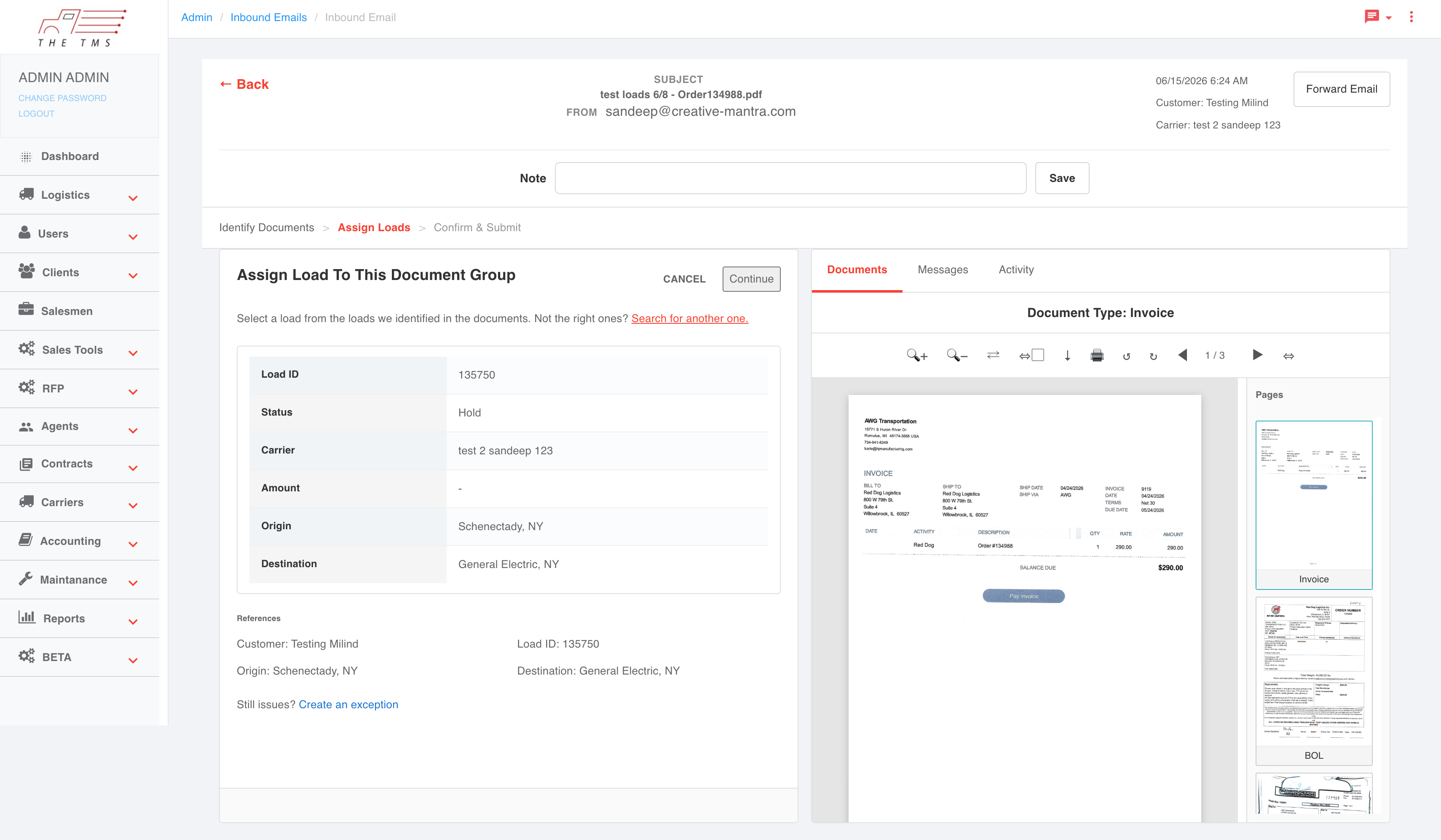 The TMS order surface at Red Dog Logistics, where loads extracted from carrier email are matched, assigned, and written back into the dispatcher's order-of-record system.