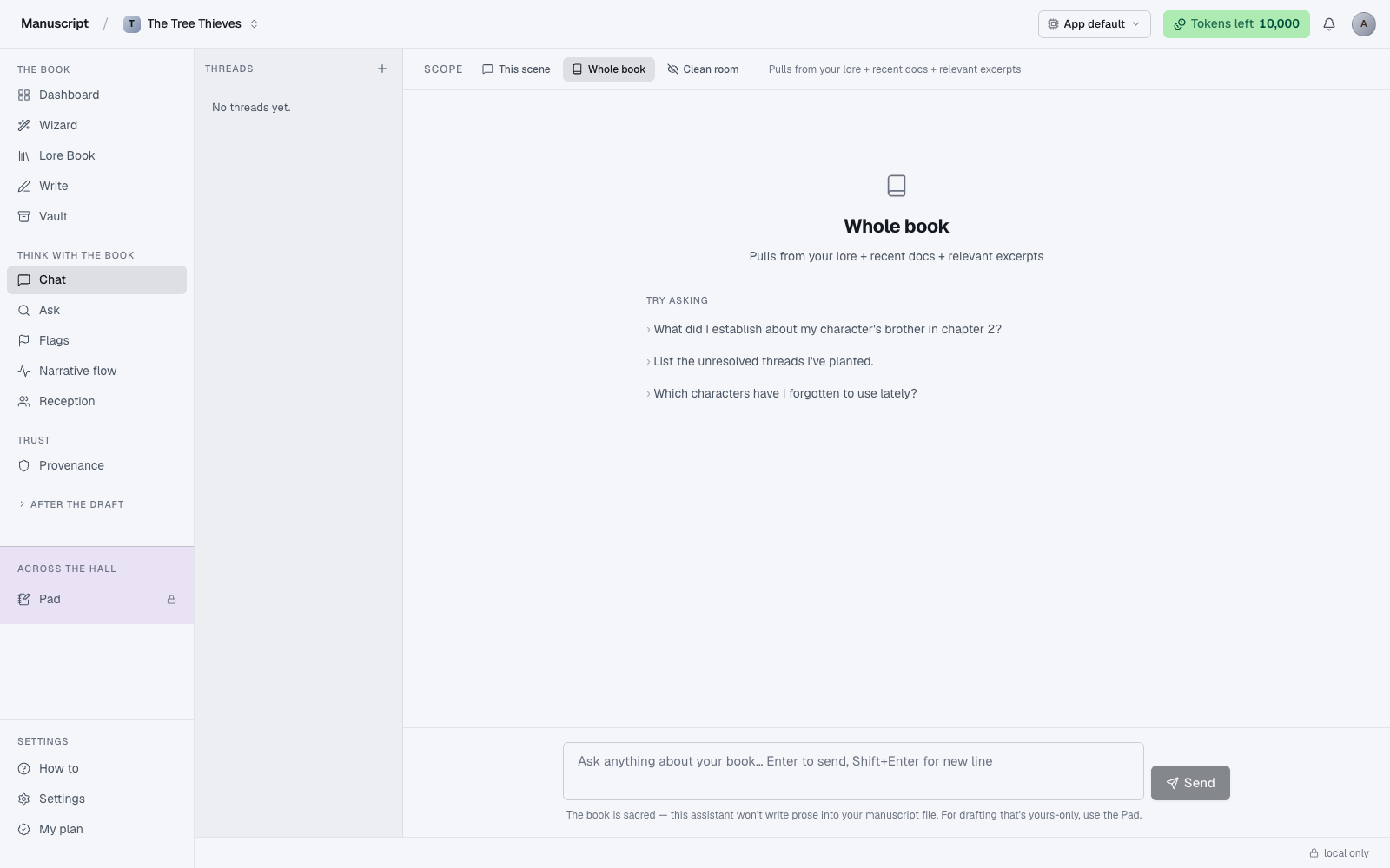 A screenshot of the Manuscripts.ai Chat surface with scope chip and refuse-to-write-prose disclaimer.