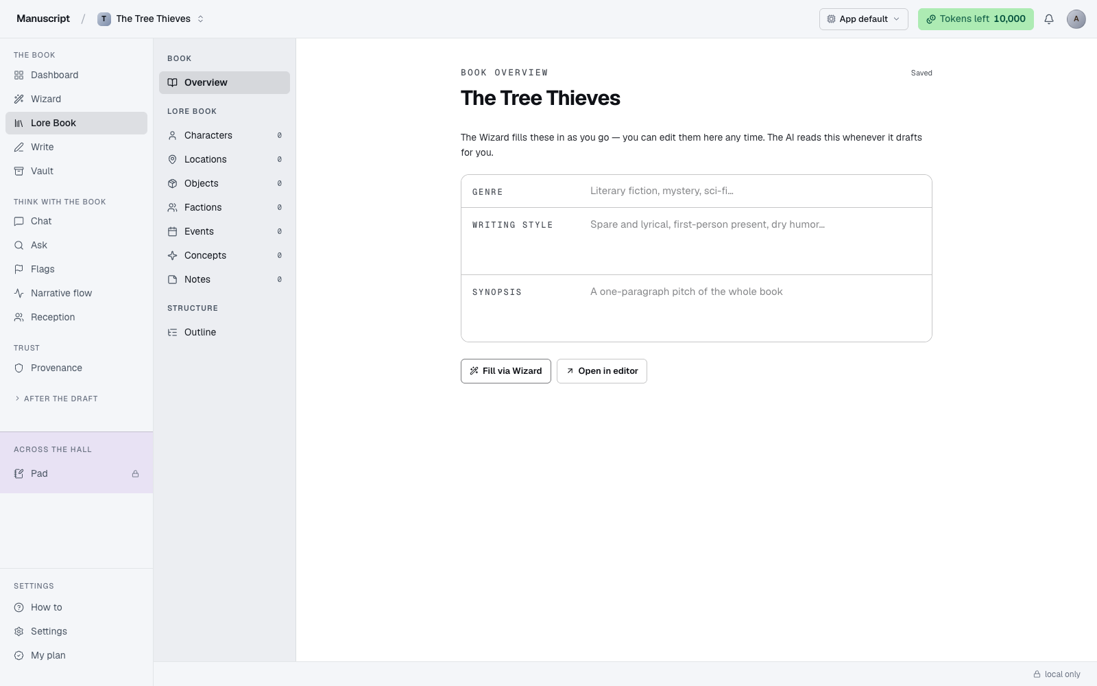 A screenshot of the Manuscripts.ai Lore Book with seven typed entity kinds.