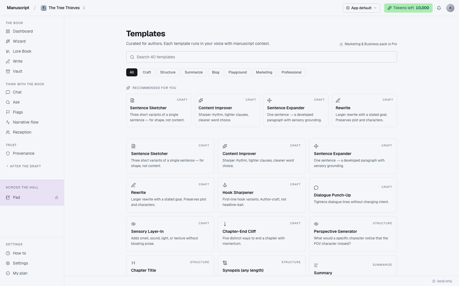 The Manuscripts.ai templates rail listing twelve curated inline commands including Sentence Sketcher, Content Improver, Sentence Expander, Rewrite, Hook Sharpener, Dialogue Punch-Up, Sensory Layer-In, Chapter-End Cliff, Perspective Generator, Chapter Title, Synopsis, and Summary.