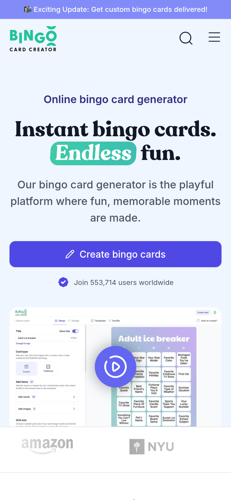 Bingo Card Creator on mobile — 375px-first, thumb-reach spec.