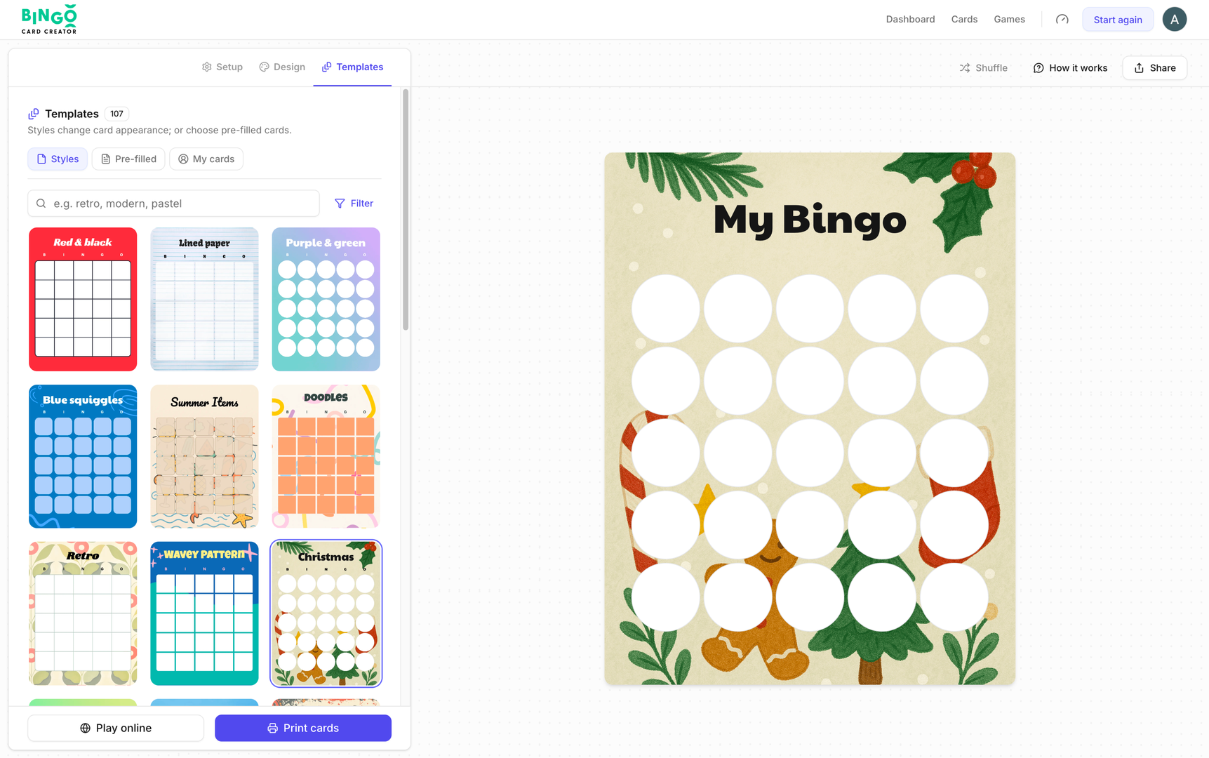 Bingo Card Creator live-play lobby.