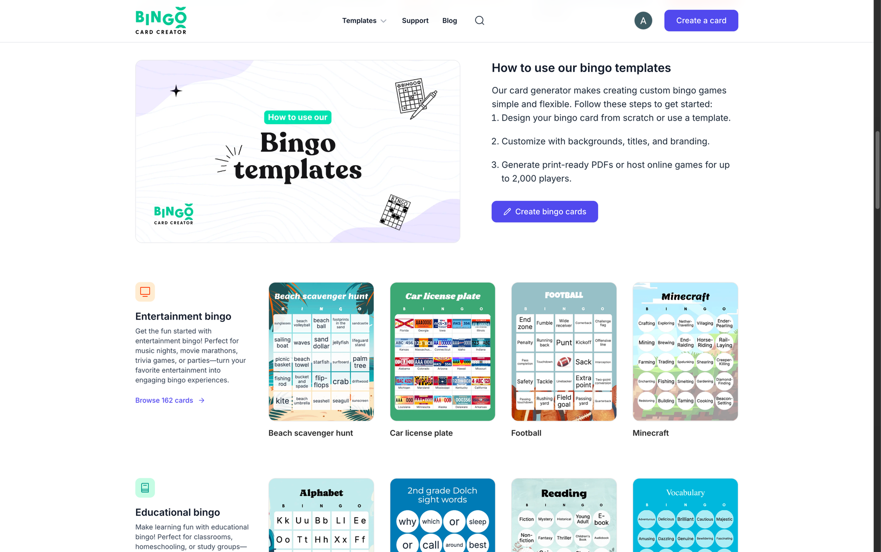 Bingo Card Creator virtual lobby.