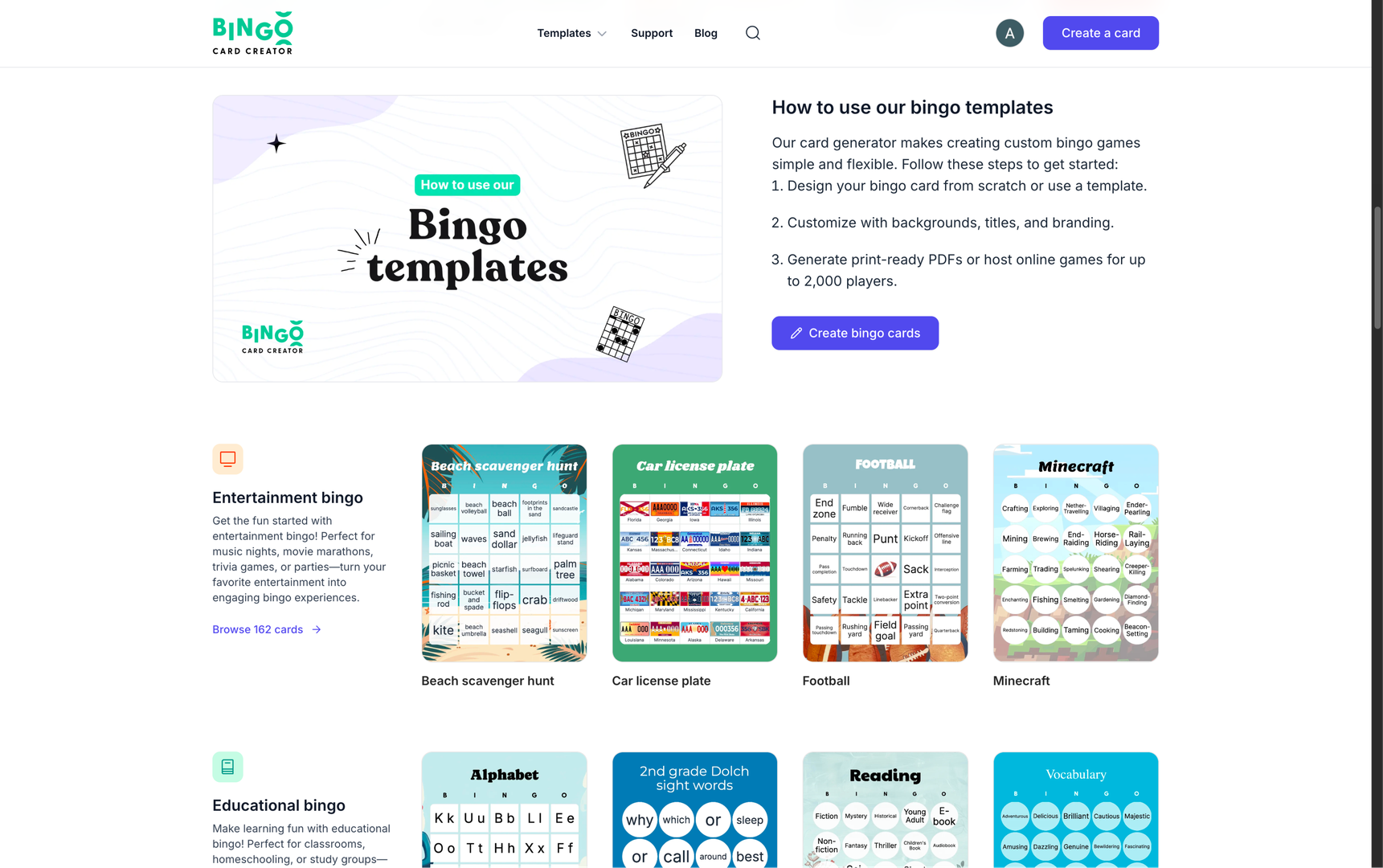 Bingo Card Creator category filters.