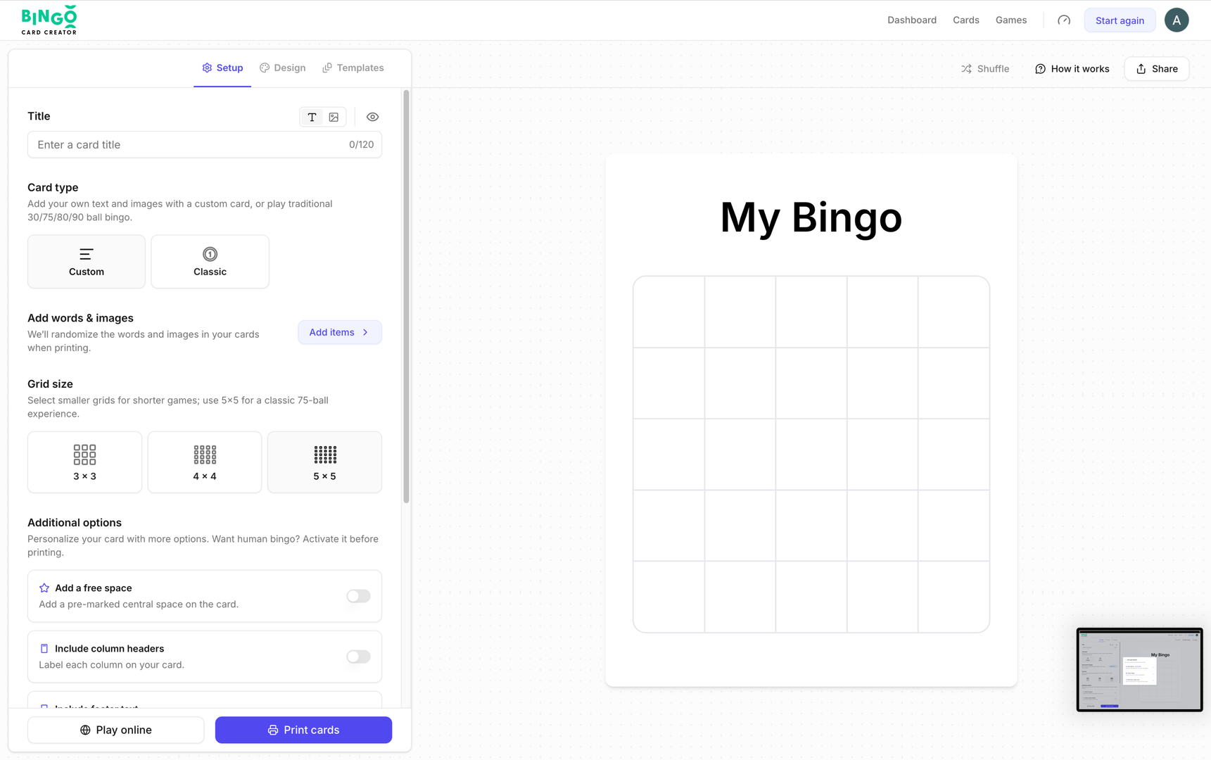 Bingo Card Creator category detail page.