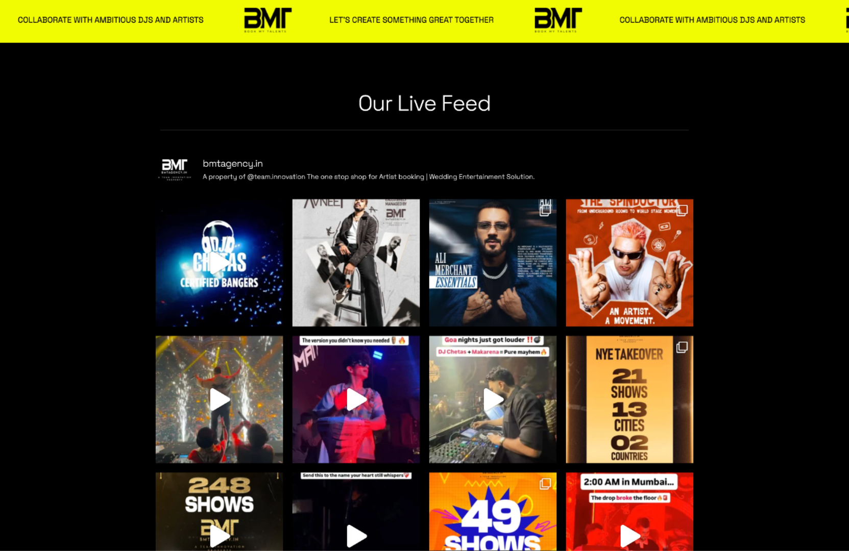 BMT Agency artist detail with past-event proof.