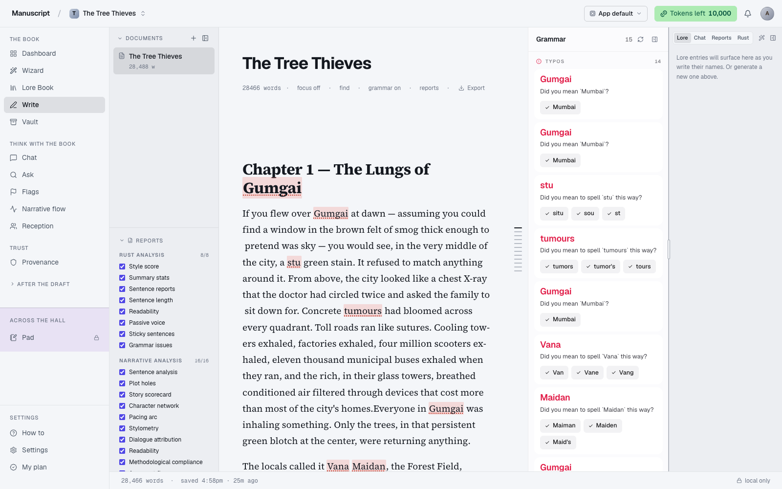 The Manuscripts.ai v3 writing surface — a Source Serif manuscript editor with a reports rail on the right showing style diagnostics.