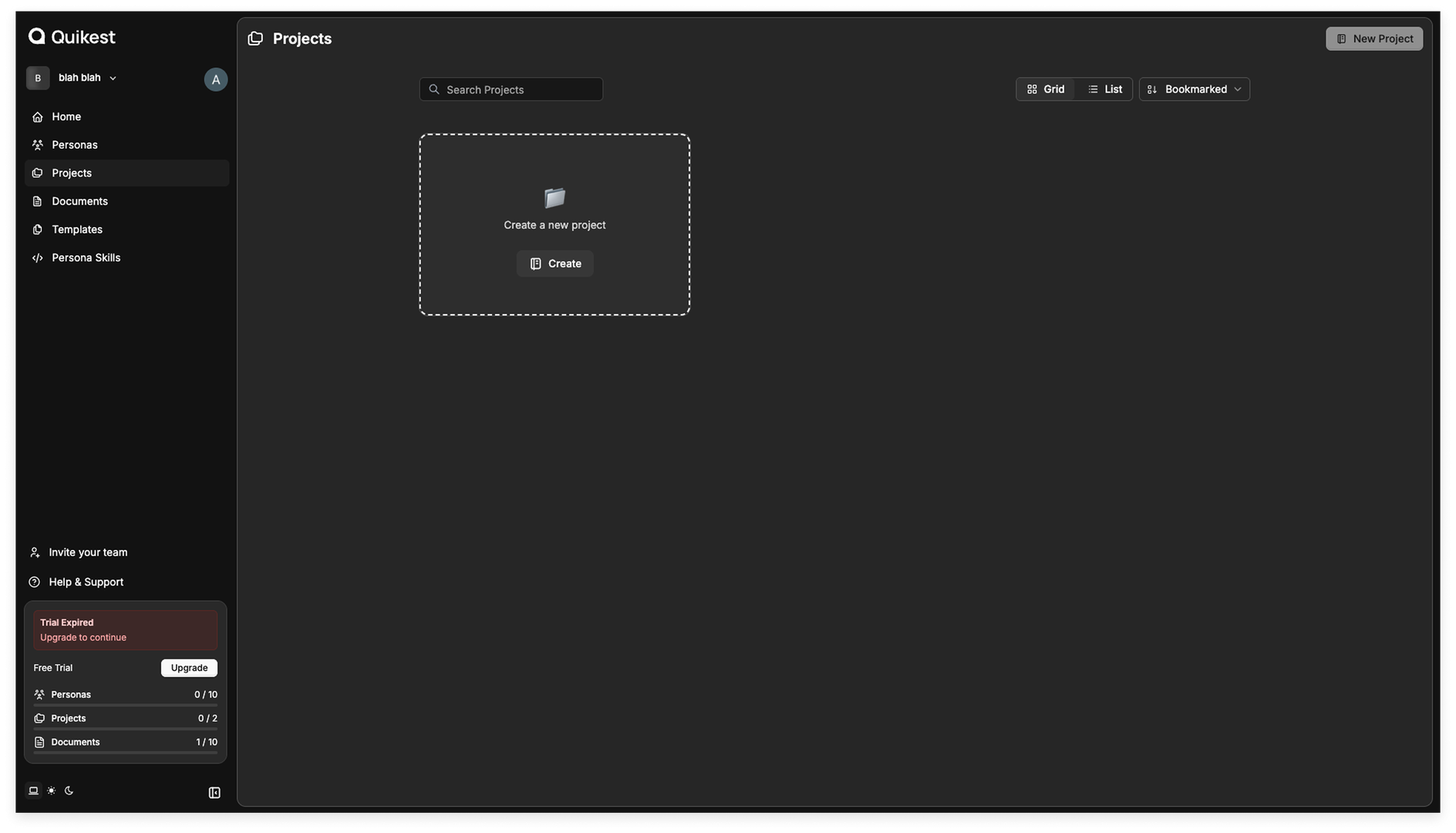 Quikest workspace dashboard — projects view.