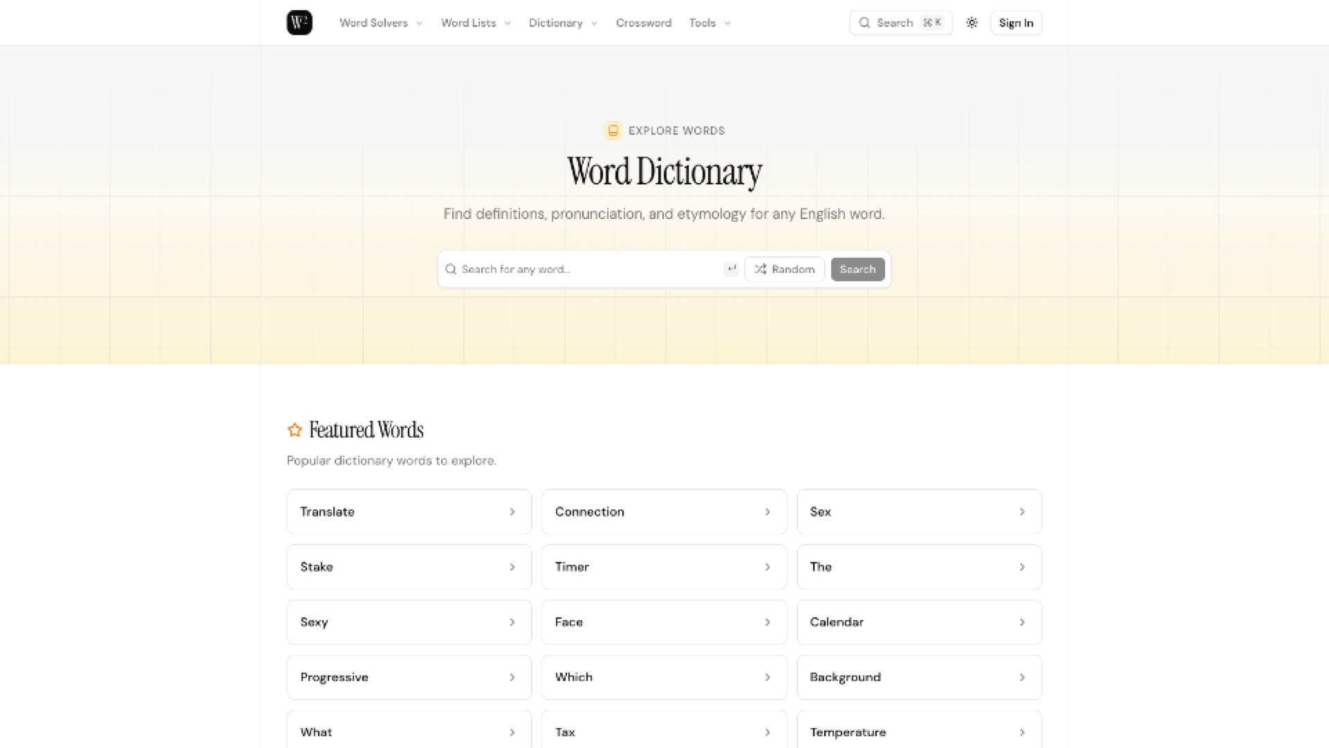 Wordsquared search + definition surface.